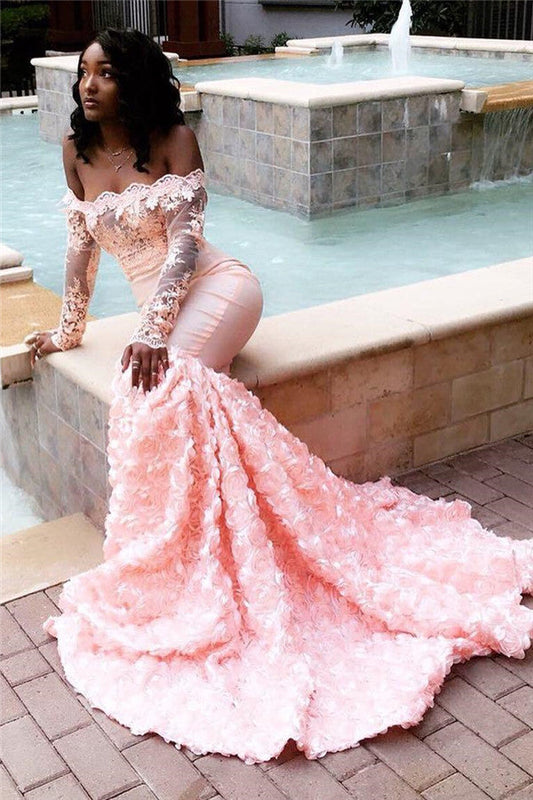 Increíble vestido de fiesta largo de sirena con apliques y hombros descubiertos en color rosa