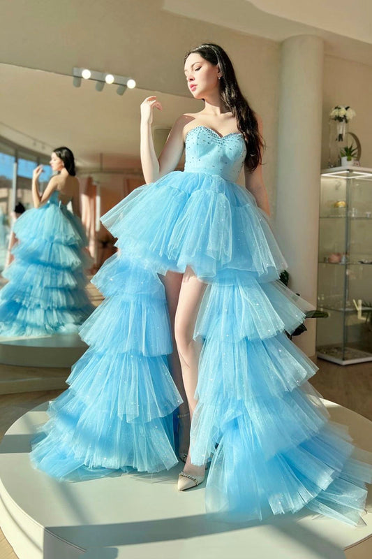 Roycebridal Aleena | Vestido de fiesta largo de tul azul con escote corazón, precioso vestido de fiesta de corte A con corte asimétrico.