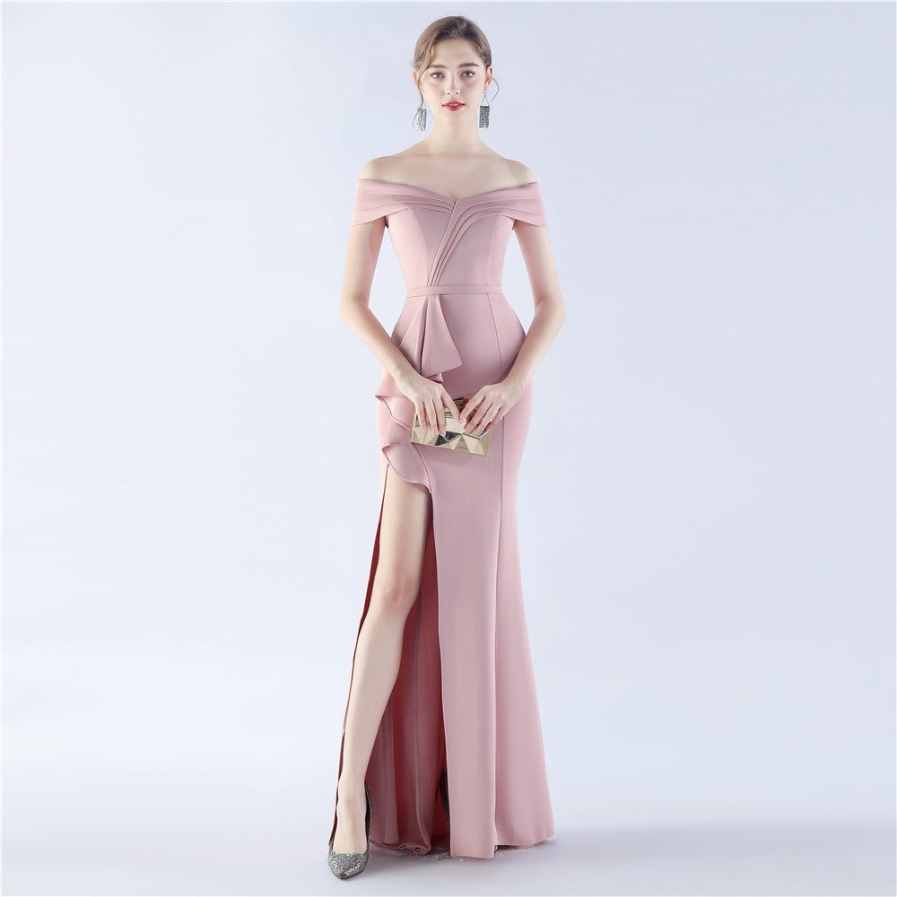 Classic Satin Off Shoulder Long Evening Dress – Elegant & Timeless