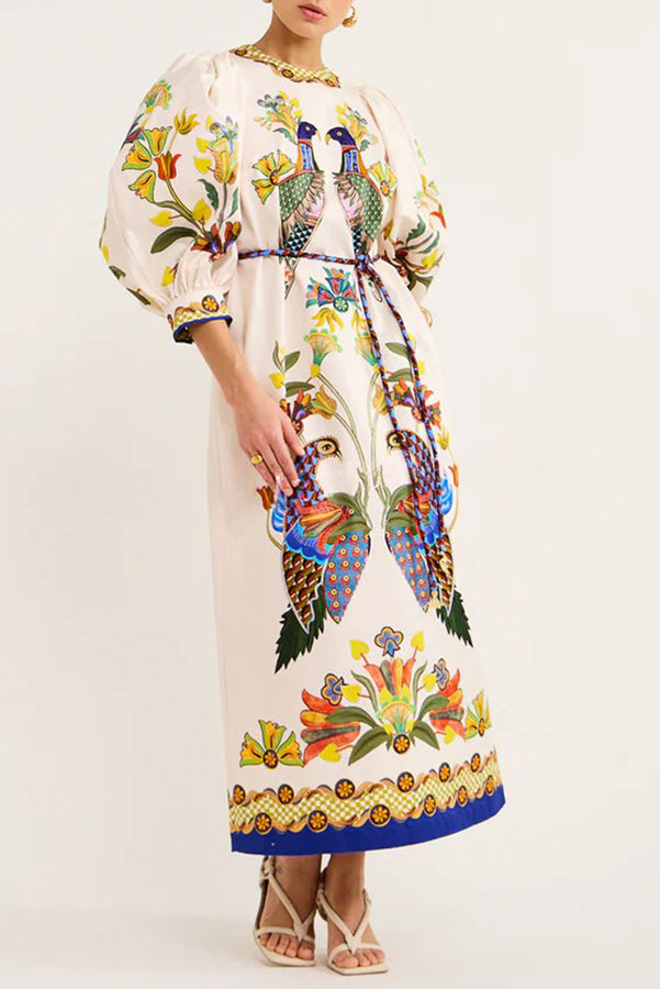 Garden Party – Unique Heaven – Lockeres Midikleid mit Puffärmeln und Vogelprint