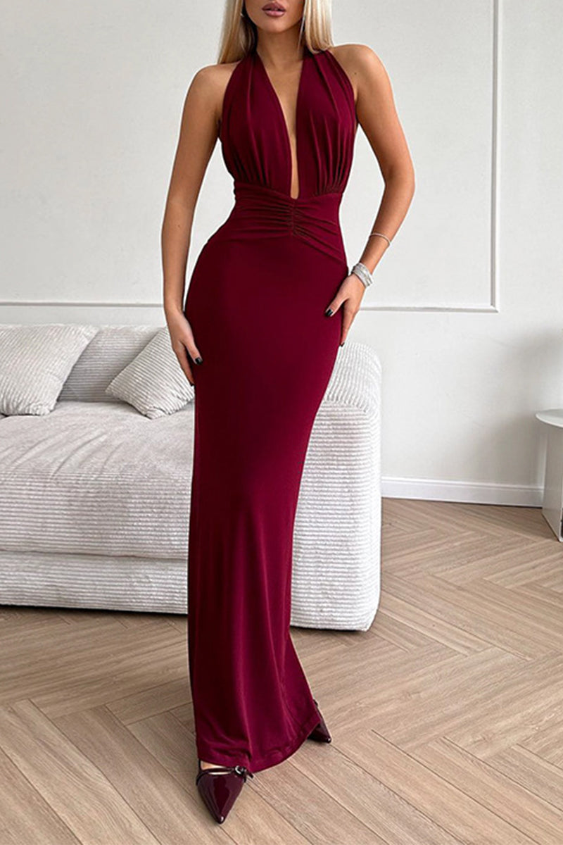 Vestidos de noche sexys de color sólido con espalda descubierta y fruncido