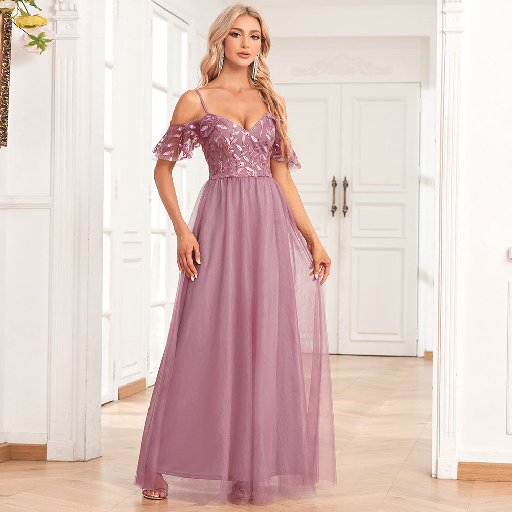 Elegantes Damen-Kleid mit schulterfreiem Trägerärmel und doppeltem V-Ausschnitt, Tüllnähten, bestickter Sequ-A-Swing-Stickerei, langes Party- und Abendkleid