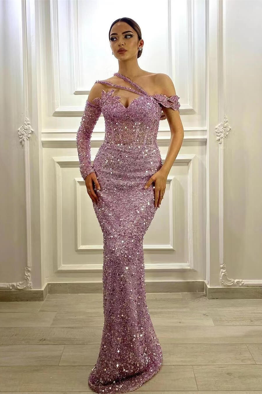 Gorgeous Lavender Sequins One Shoulder Mermaid Prom Dress with Long Sleeves