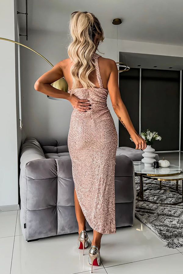 Born To Be A Star – Asymmetrisches Midikleid mit Pailletten und Netzstoff, Cut-Out-Taille