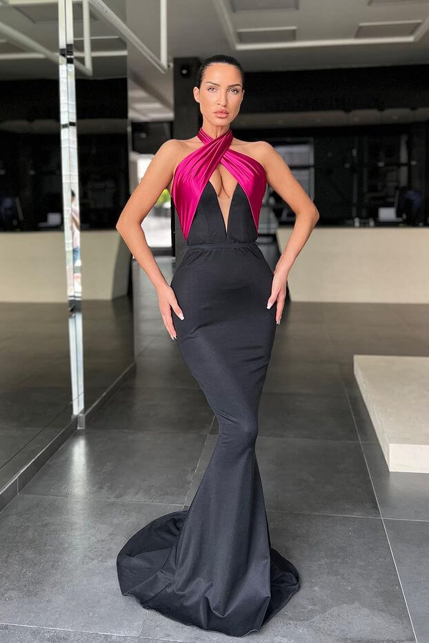 Impresionantes vestidos de fiesta de sirena largos con cuello halter y sin mangas