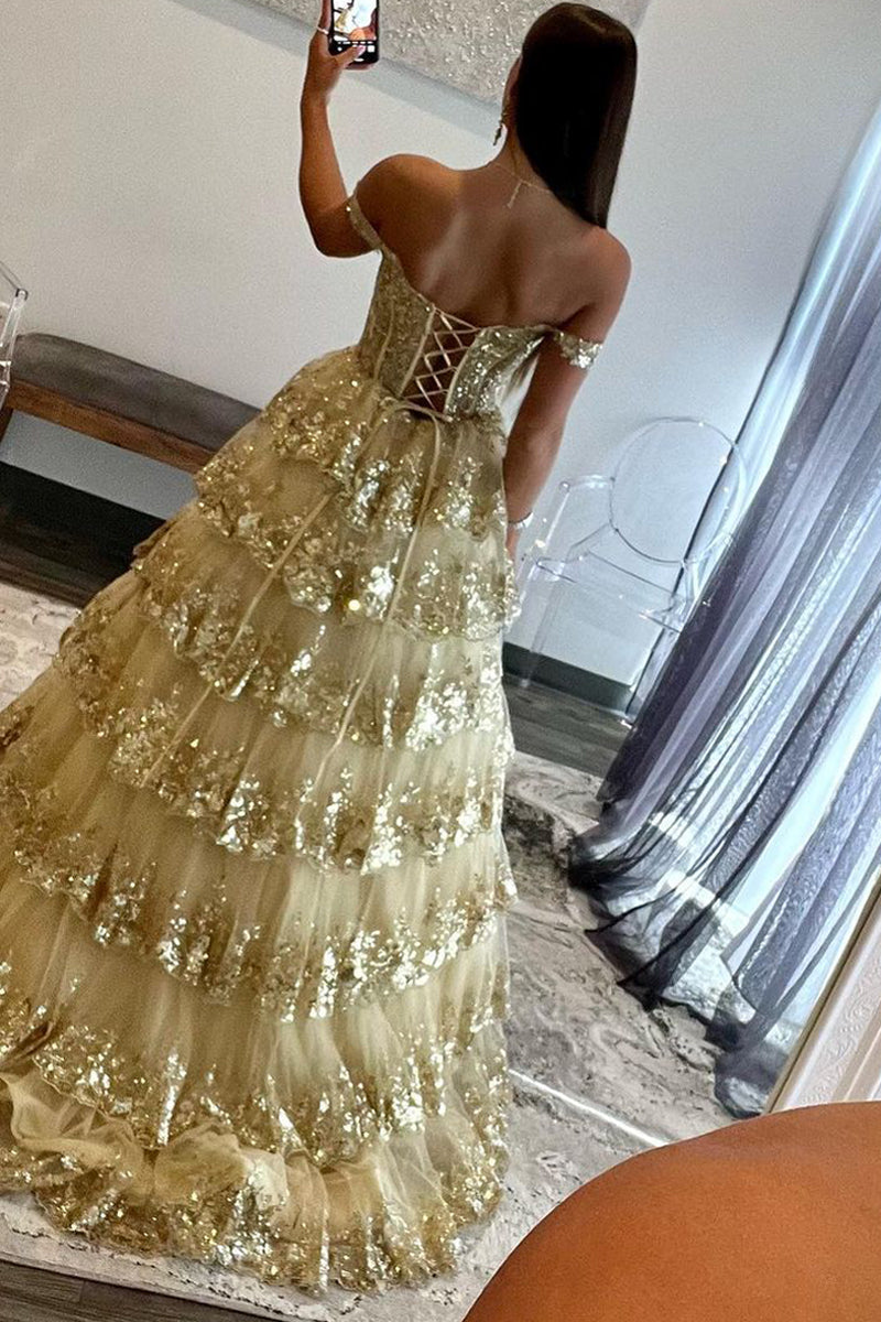Vestido de fiesta de princesa con encaje y lentejuelas y hombros descubiertos