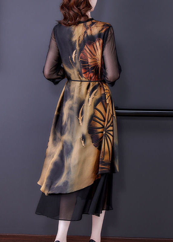 Frauen Schwarz Asymmetrische Patchwork Print Seide Kleid Sommer