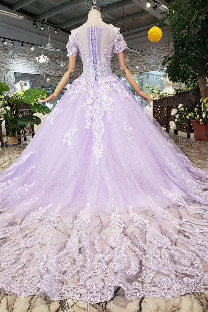 Vestidos de fiesta de manga corta color lila con encaje