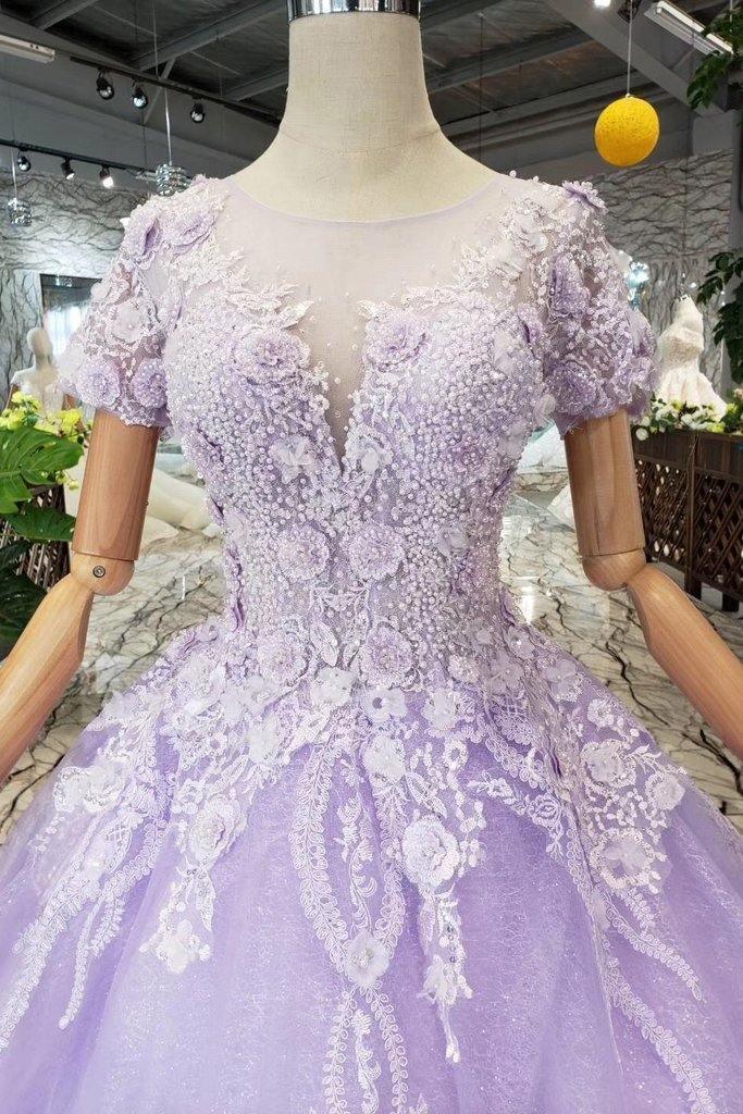 Vestidos de fiesta de manga corta color lila con encaje