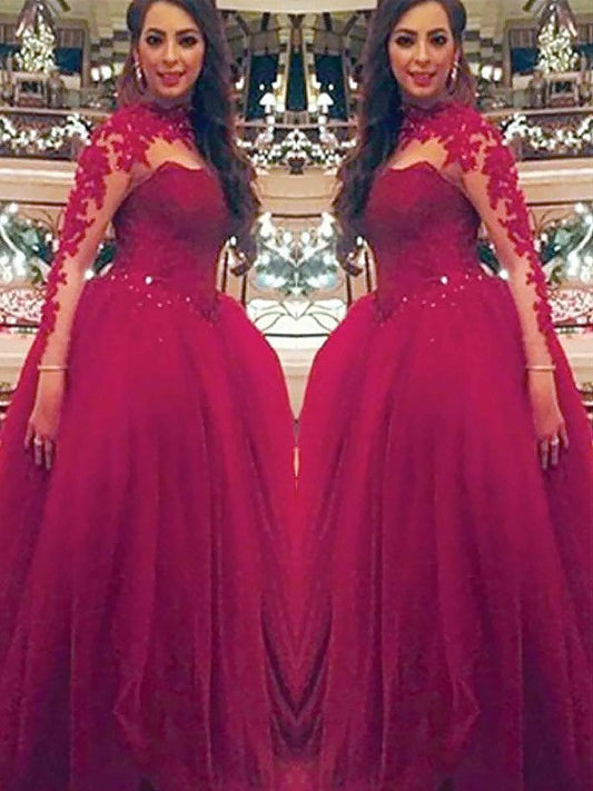 Ball Gown Long Sleeves High Neck Applique Floor-Length Tulle Prom Dresses