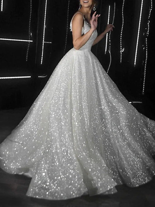 Vestido de fiesta de baile, vestido brillante, vestido de fiesta de boda, cola de corte, sin mangas, tirantes finos, tul con lentejuelas