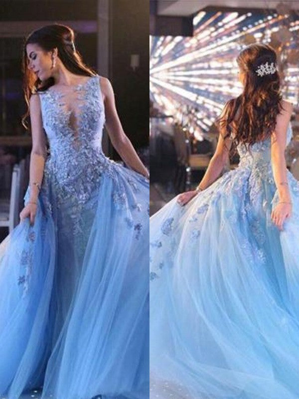 Vestidos de fiesta de tul con apliques y escote redondo sin mangas