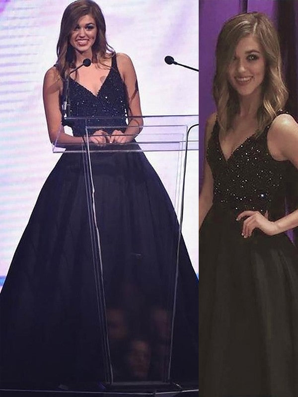 Vestidos de fiesta de satén con cuentas, escote en V y sin mangas