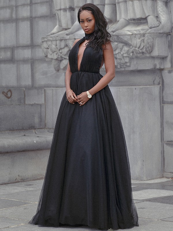 Vestido de fiesta de tul con volantes, escote en V, sin mangas, cola de corte