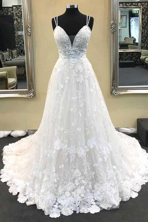Ballkleid V-Ausschnitt Spaghettiträger Elfenbein Spitze Lange Brautkleider
