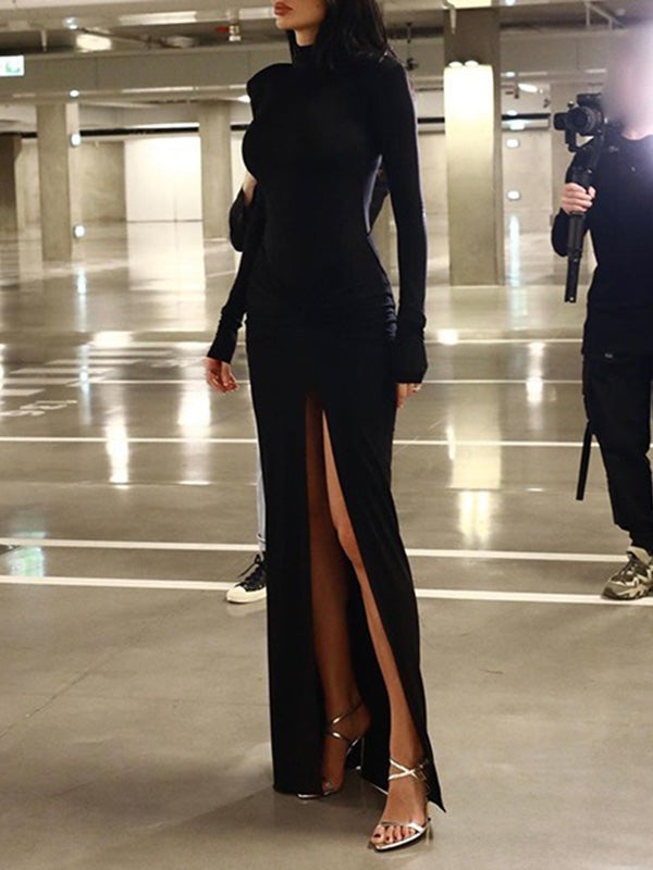 Vestidos de noche largos de corte A, asimétricos, de color liso, con abertura lateral y cuello alto