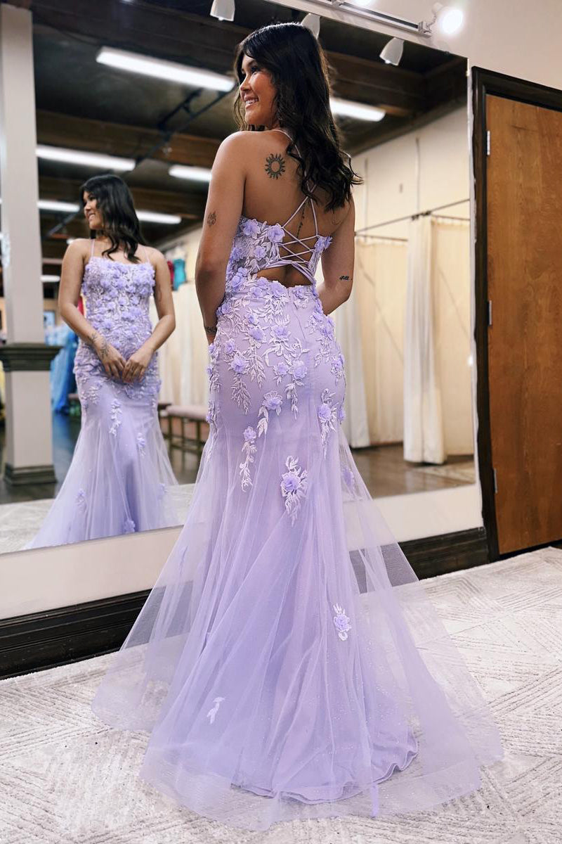 Vestido de fiesta de sirena lila con escote redondo y apliques