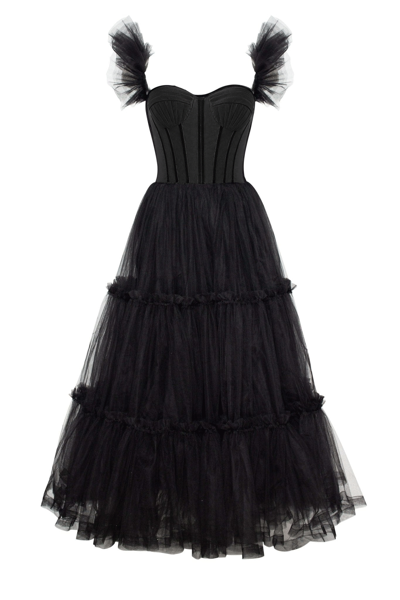 Vestido de fiesta de tul con volantes y corsé en forma de A