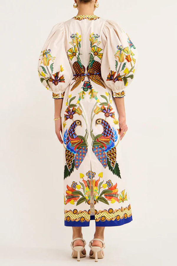Garden Party – Unique Heaven – Lockeres Midikleid mit Puffärmeln und Vogelprint
