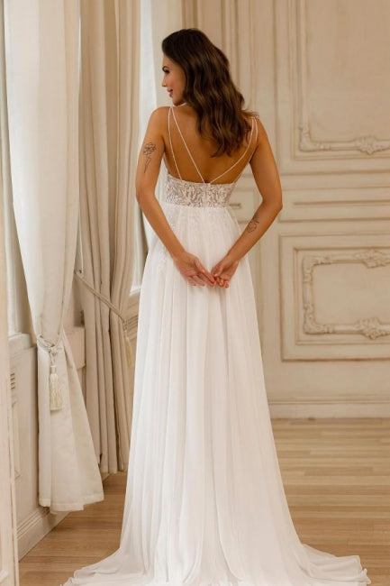 Wunderschönes ärmelloses weißes Brautkleid in A-Linie mit Spitze, V-Ausschnitt und Applikationen