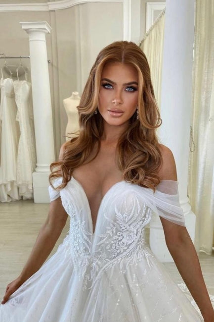 Beautiful A-Line Off-the-shoulder V-neck Wedding Dress With Lace