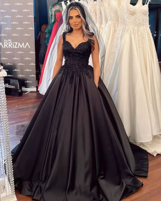 Wunderschöne schwarze ärmellose Brautkleider Prinzessin mit Spitze