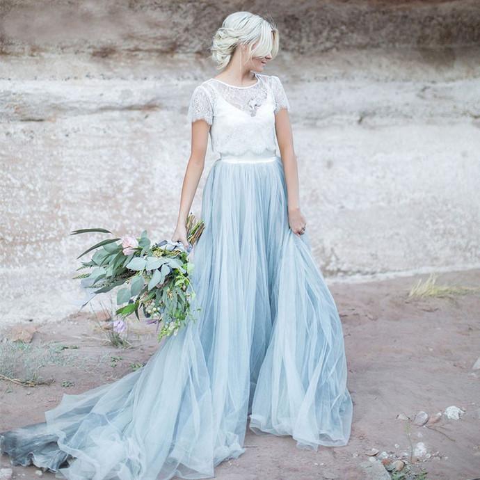 Beautiful lace Top Short Sleeves Prom Dress A Line Wedding Dresses