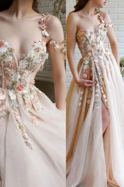 Hermosos vestidos de noche largos de corte A con un solo hombro y flores y abertura
