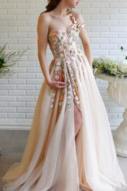 Hermosos vestidos de noche largos de corte A con un solo hombro y flores y abertura