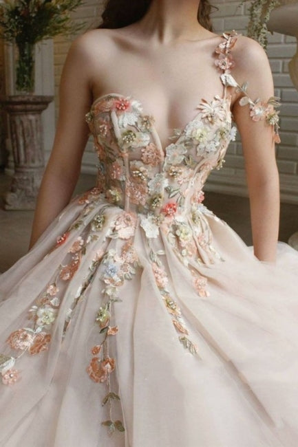 Hermosos vestidos de noche largos de corte A con un solo hombro y flores y abertura