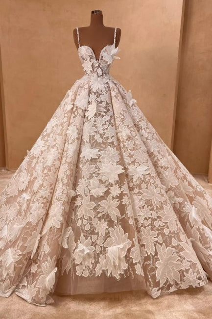 Wunderschönes langes A-Linien-Brautkleid mit Spaghettiträgern und Spitzenapplikationen