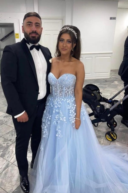 Hermosos vestidos de noche largos azules de corte A sin mangas con apliques y encaje