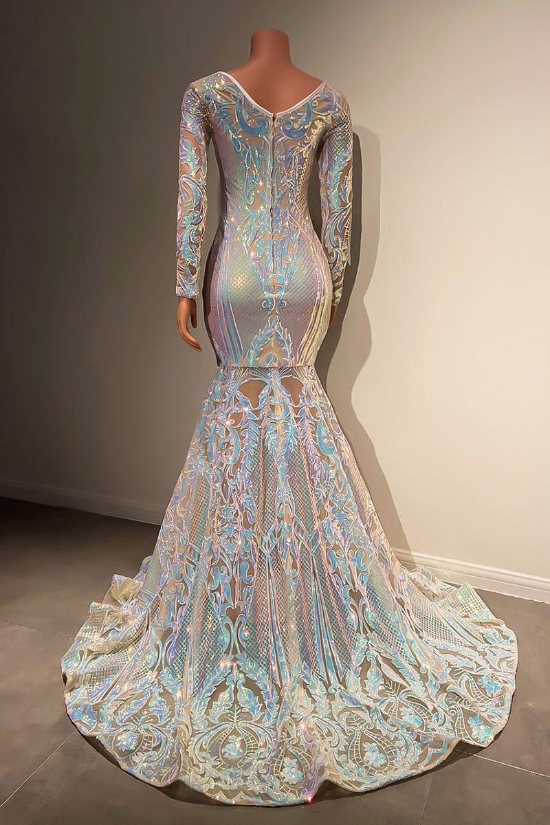 Hermoso vestido de noche largo de sirena con encaje y mangas largas y cola