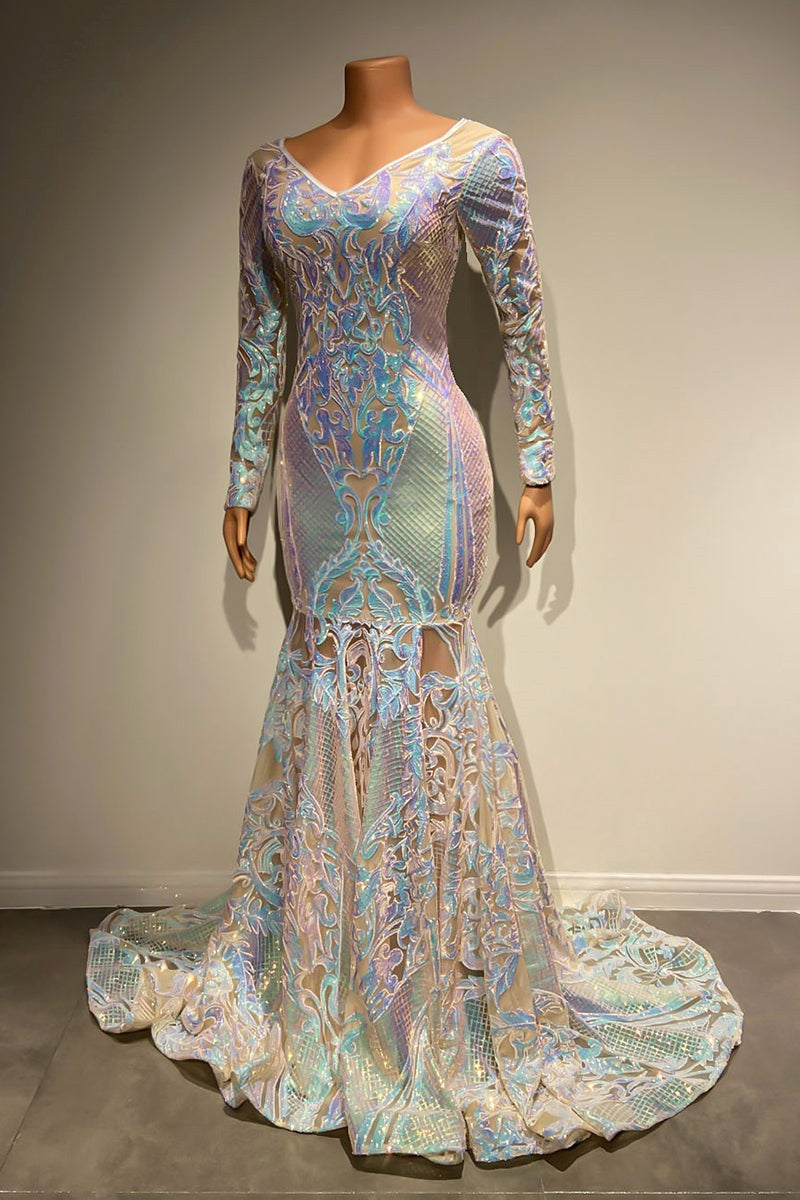 Hermoso vestido de noche largo de sirena con encaje y mangas largas y cola