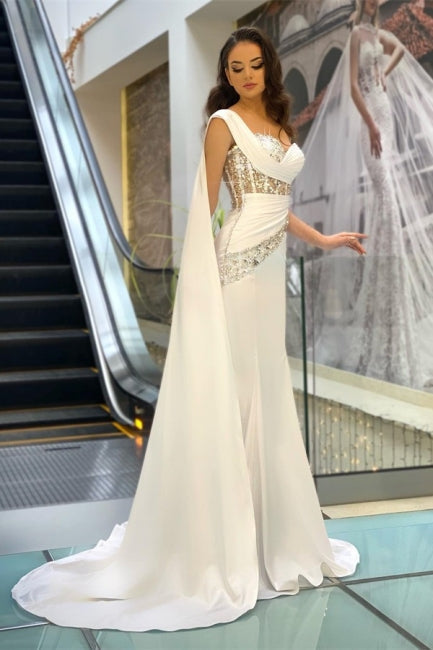 Hermosos vestidos de noche largos blancos de sirena con un solo hombro sin mangas y brillo