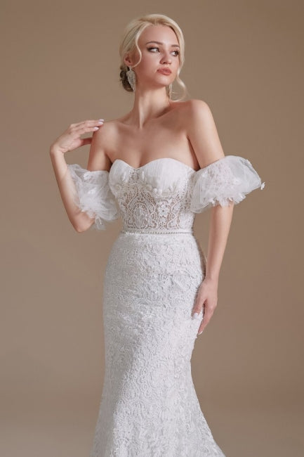 Hermosos vestidos de novia de encaje hasta el suelo, sin mangas, estilo sirena, con hombros descubiertos y apliques