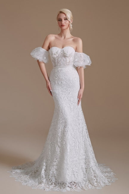 Hermosos vestidos de novia de encaje hasta el suelo, sin mangas, estilo sirena, con hombros descubiertos y apliques