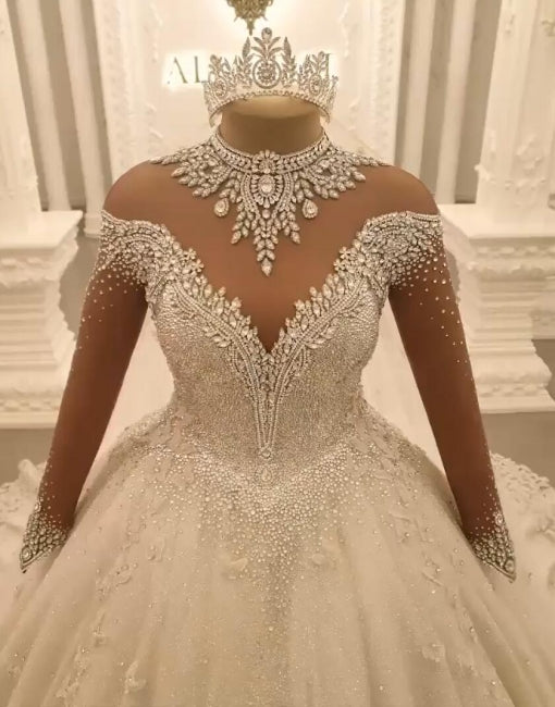 Wunderschöne Prinzessin A-Linie Juwelen Spitze Brautkleider mit langen Ärmeln