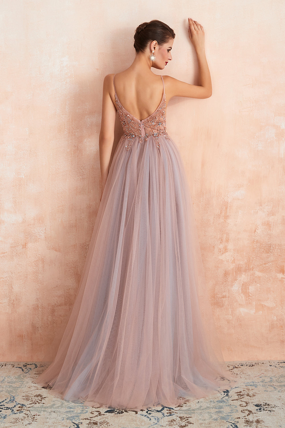 Bestes langes ärmelloses A-Linien-Ballkleid aus Tüll mit V-Ausschnitt und Schlitz