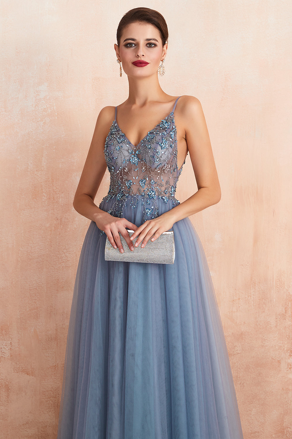 Bestes langes ärmelloses A-Linien-Ballkleid aus Tüll mit V-Ausschnitt und Schlitz