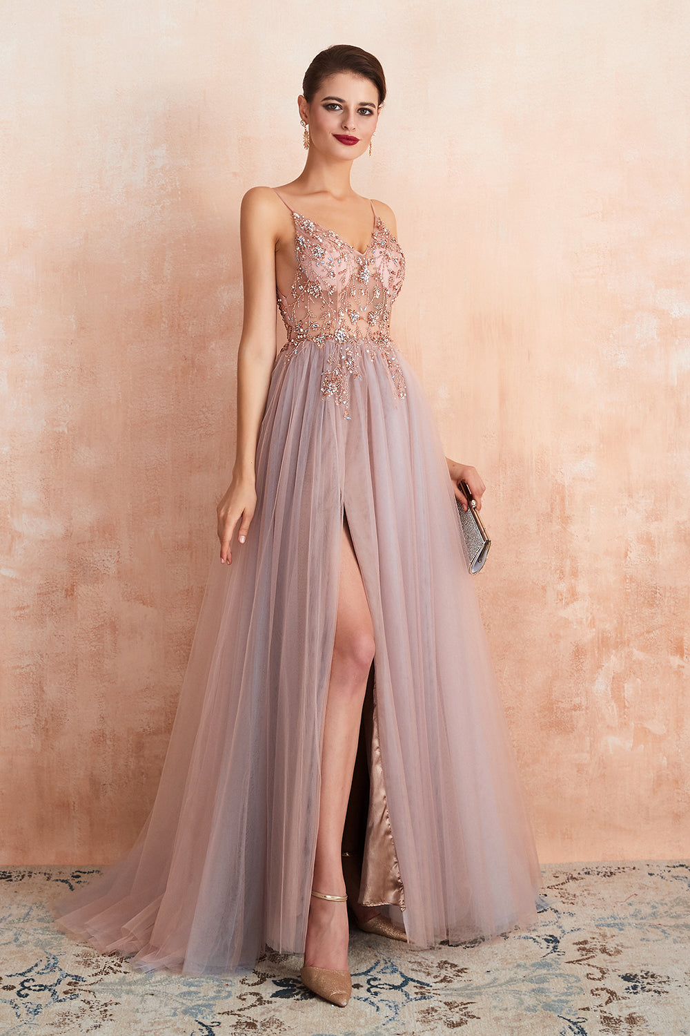 Bestes langes ärmelloses A-Linien-Ballkleid aus Tüll mit V-Ausschnitt und Schlitz