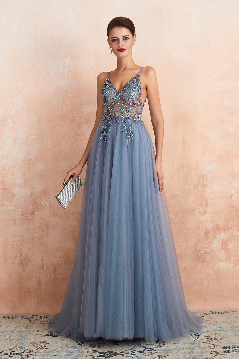 Bestes langes ärmelloses A-Linien-Ballkleid aus Tüll mit V-Ausschnitt und Schlitz