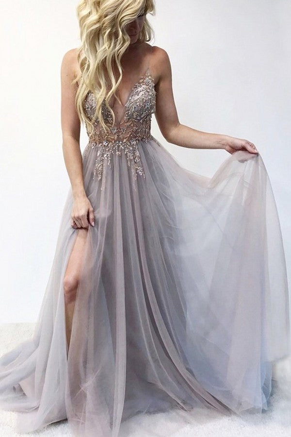 Bestes langes ärmelloses A-Linien-Ballkleid aus Tüll mit V-Ausschnitt und Schlitz