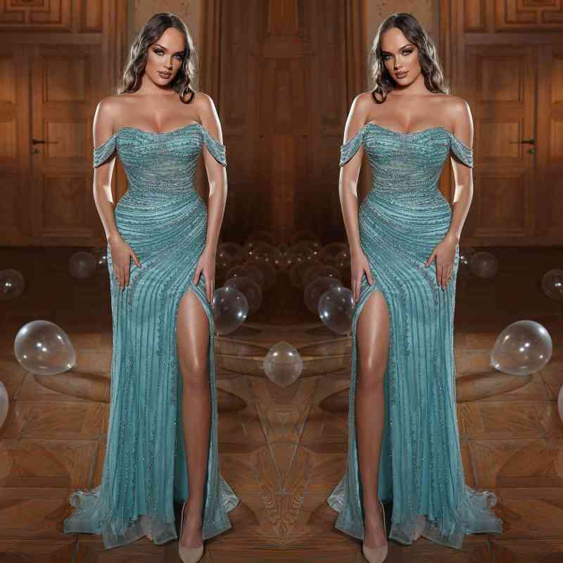 Vestidos de fiesta largos de sirena con hombros descubiertos, tul, cuentas y lentejuelas con abertura