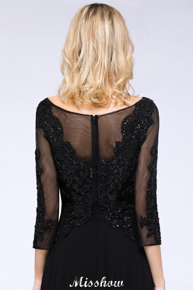 Vestido de fiesta de tul negro con mangas 3/4, cuentas, corte A y apliques para dama de honor