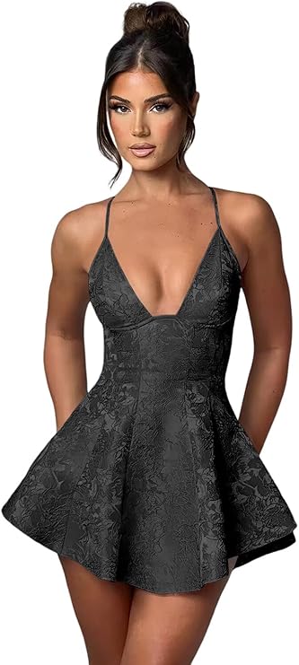 Vestido de fiesta corto de satén con volantes, corte A, cuello halter, espalda descubierta y jacquard
