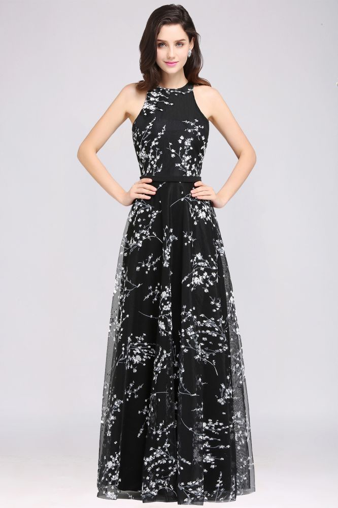 Vestidos de noche negros largos de corte A sin mangas