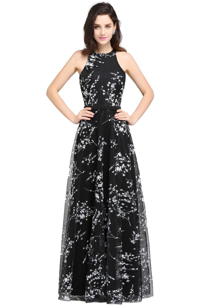 Vestidos de noche negros largos de corte A sin mangas
