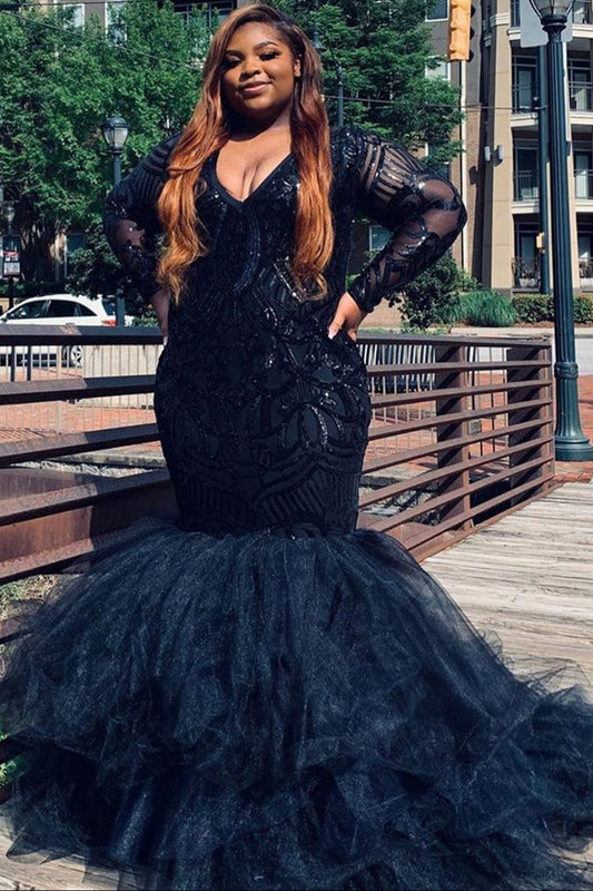 Schwarzes langes Meerjungfrau-Ballkleid mit V-Ausschnitt und Pailletten aus Tüll mit Ärmeln