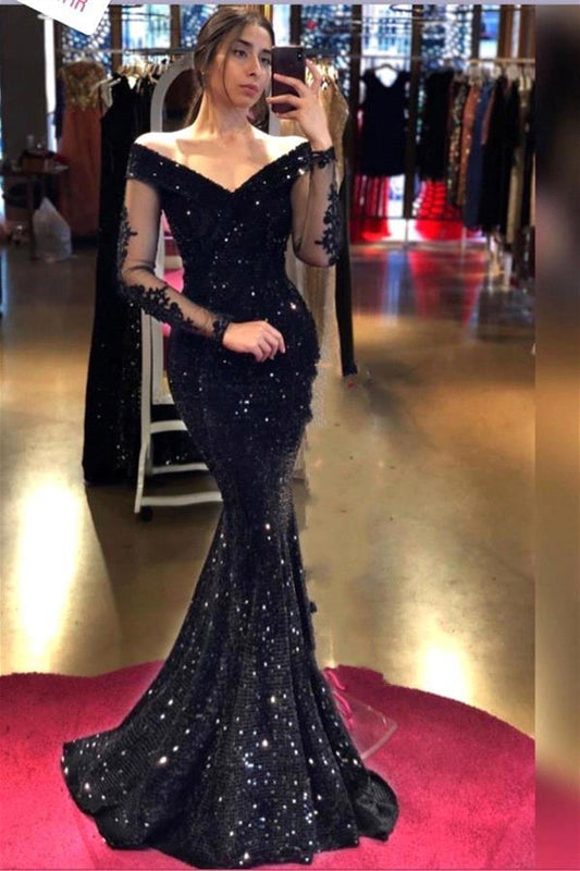 Vestido de noche de sirena con lentejuelas brillantes y hombros descubiertos en negro